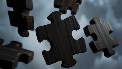 Wooden Puzzle Pieces Falling Through Cloudy Skies