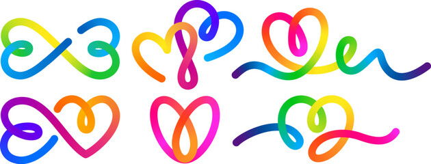 Color Line Hearts with Gradient. Love Vector Symbols 3D Set. Abstract Squiggly Heart Illustrations for Valentine's Day.