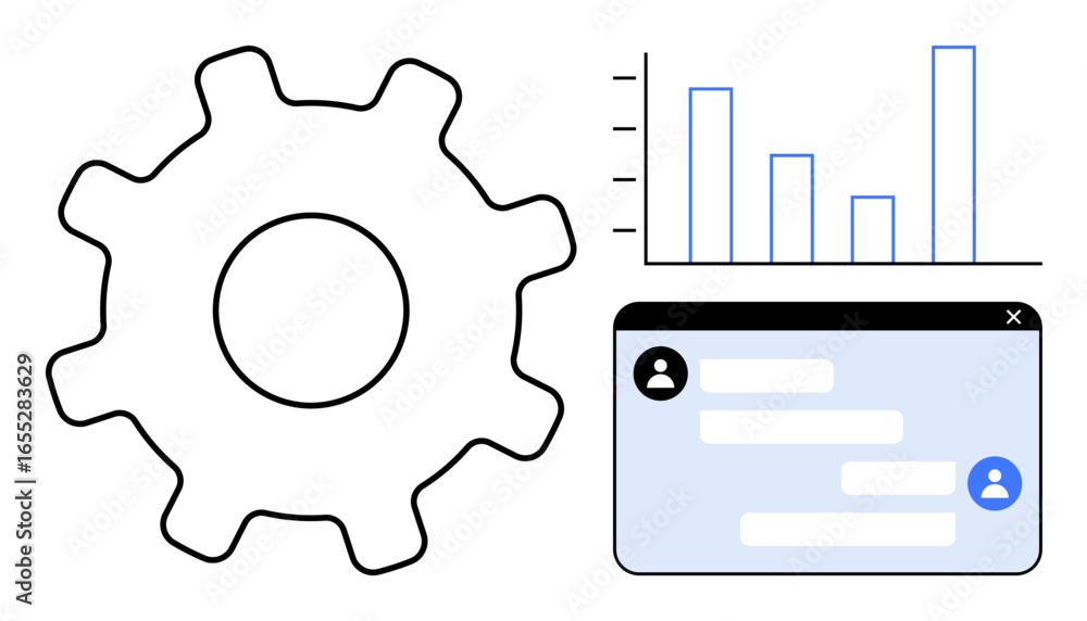 Poster gear icon, bar graph with rising columns, and chat window symbolize teamwork, data analysis, and eff