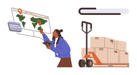 Person using digital tools to track global shipping routes on a map, alongside a pallet jack loaded with boxes. Ideal for freight, shipping, logistics, e-commerce, supply chain, delivery tracking. A