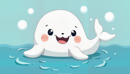 Cute cartoon whale smiling in blue water
