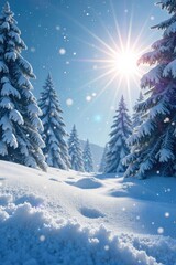 Fototapeta premium Brightly lit snowflakes fall on a pristine, snow-covered landscape under a radiant winter sky A magical scene of pure, untouched winter beauty , season, photograph, radiant