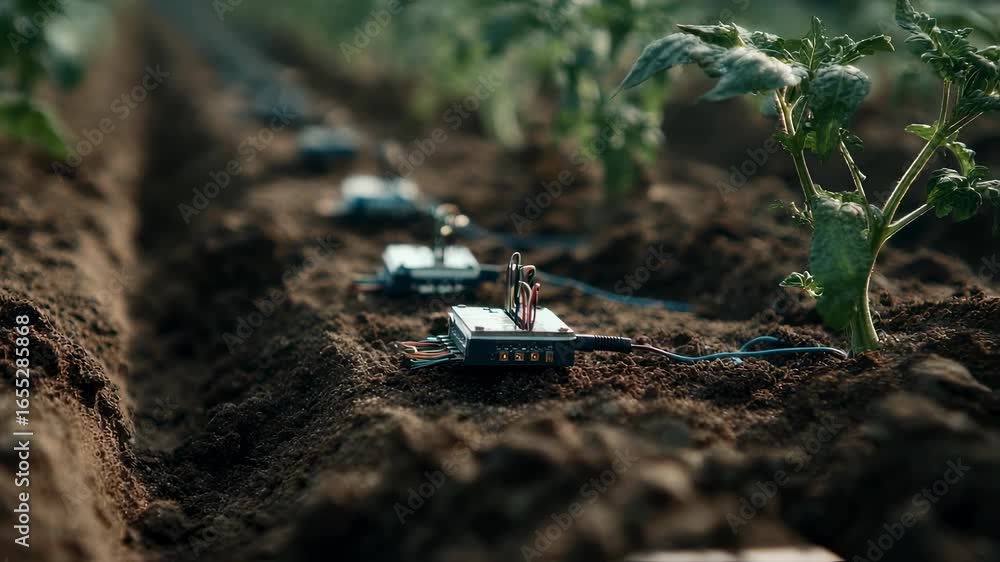 Poster medium shot of ecofriendly sensor nodes placed in a cultivated field emphasizing the device in sharp