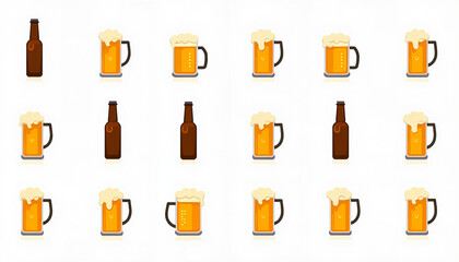 Beer mugs and bottles arranged in a row