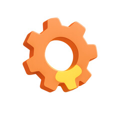 A 3d orange gear with yellow accent, isolated on transparent background, representing settings, technology, and mechanical processes in design