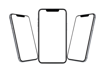 Three smartphones with blank screens for mockup, isolated on transparent background perfect for showcasing app designs and mobile websites