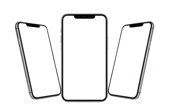 Three smartphones with blank screens for mockup, isolated on transparent background perfect for showcasing app designs and mobile websites
