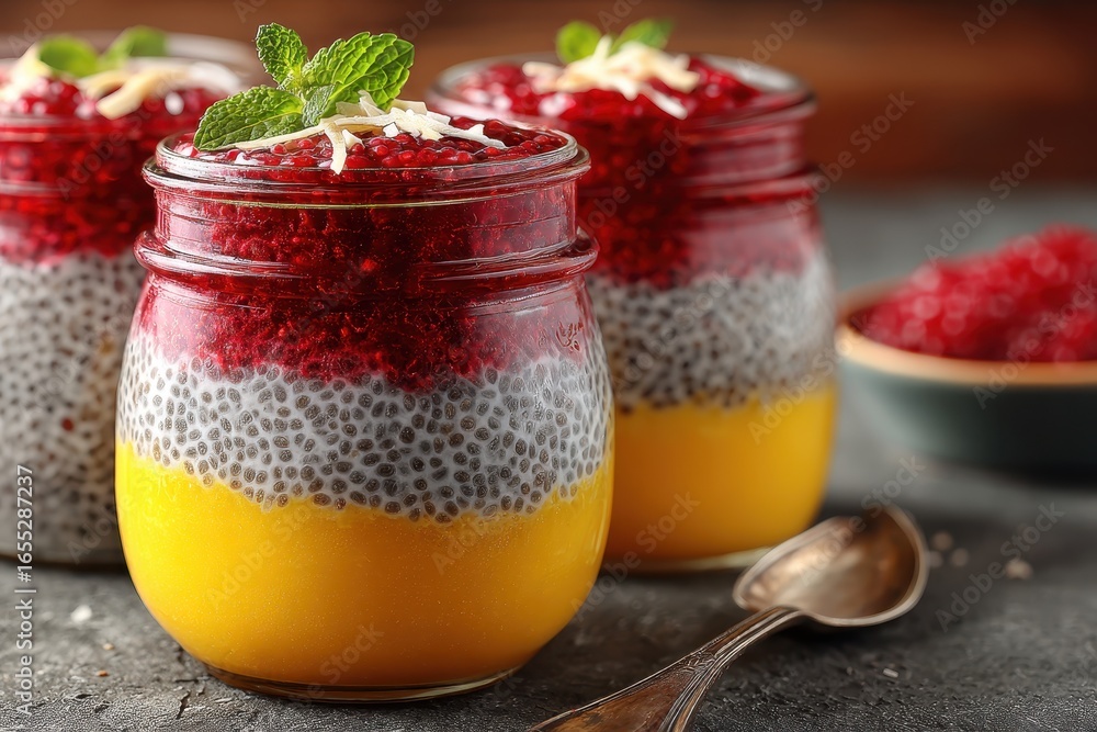 Poster healthy and colorful layered chia seed pudding with mango and raspberry.