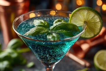Refreshing blue sparkling cocktail with fresh basil and lime garnish.
