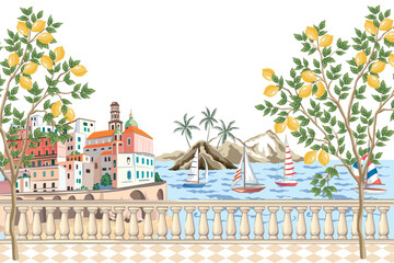 Amalfi coast, Italian town, beach, lemon tree, palms, sea wave, sailboat, island illustration. Summer seafront Mediterranean mural.