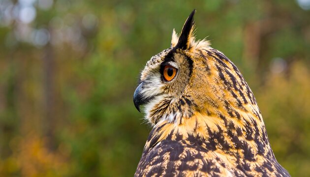 A detailed close-up profile view of a magnificent eagle-owl, showcasing its intricate plumage patterns and striking orange eyes, set against a softly blurred background of forest foliage.