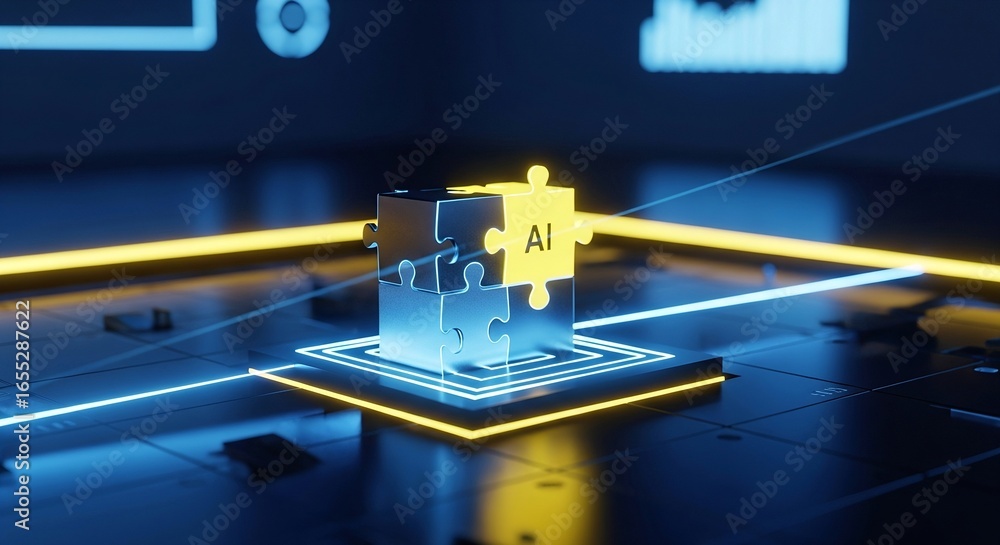 Poster ai puzzle piece glowing on a futuristic digital technology background representing artificial intell