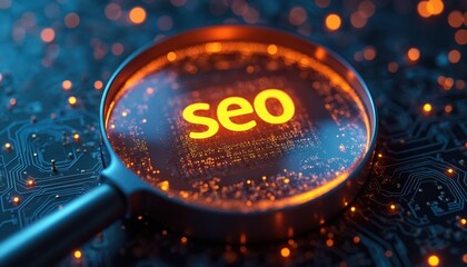 Magnifying glass focuses on glowing neon eo text over circuit board. Digital technology, online marketing research, computer hardware, data analysis concepts. Vibrant orange lights on dark blue