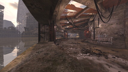 廃墟の荒れた室内　3DCGレンダリング