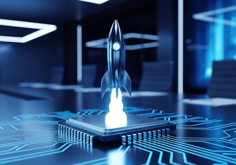 Futuristic digital rocket launching from a glowing circuit board symbolizing tech innovation and business growth