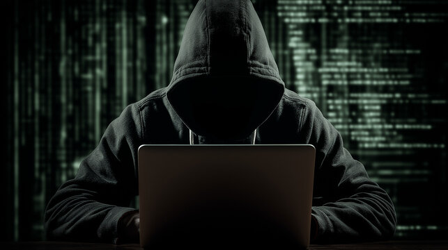Figura incappucciata davanti al laptop con sfondo di codice verde; identit&agrave; nascosta. Concetto di hacker anonimo, attacco informatico, data breach, rischio cyber e sicurezza IT.