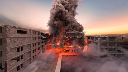 攻撃される都市の風景　3DCGレンダリング