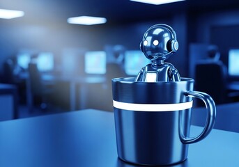 AI Robot Chatbot in Headset Rests Inside Blue Coffee Mug in a Futuristic Office Environment