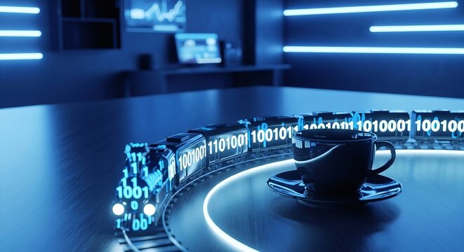 Futuristic digital train carrying binary data on a glowing track circling a coffee cup in a high-tech room