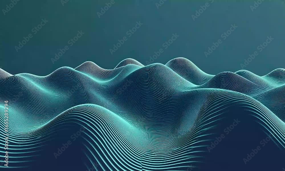 Poster dynamic abstract landscape of flowing digital lines and undulating waves.