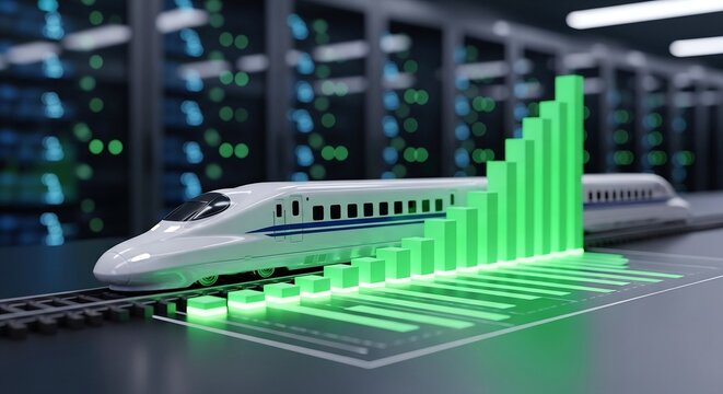 High speed bullet train on digital data graph in server room symbolizing technology progress and business growth