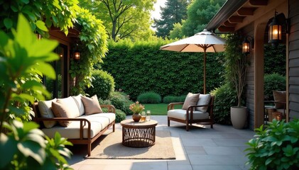 Fototapeta premium Tranquil Garden Patio Lush Greenery, Comfortable Seating, Perfect for Relaxation and Outdoor Entertaining