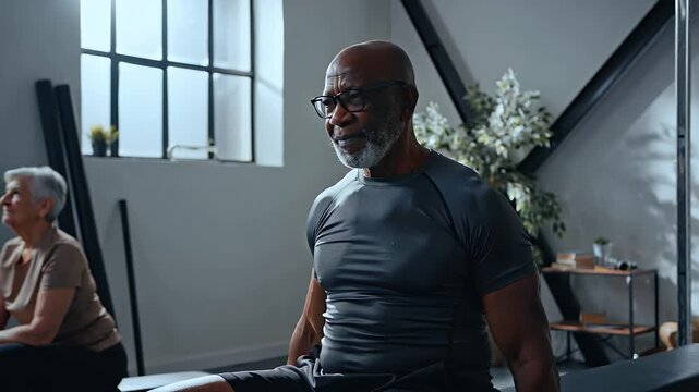 Senior black man with a grey beard doing a single-arm dumbbell row exercise, lifting weights in a home gym