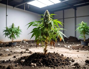 Indoor cannabis plants in a large, unfinished warehouse