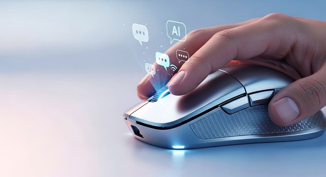 Human hand using futuristic computer mouse with glowing AI chat bubbles for artificial intelligence communication