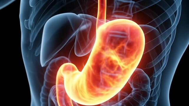 Dynamic 3D Animation of Human Stomach with Glowing Red Pain, Digestive System Inflammation, and Acid Reflux