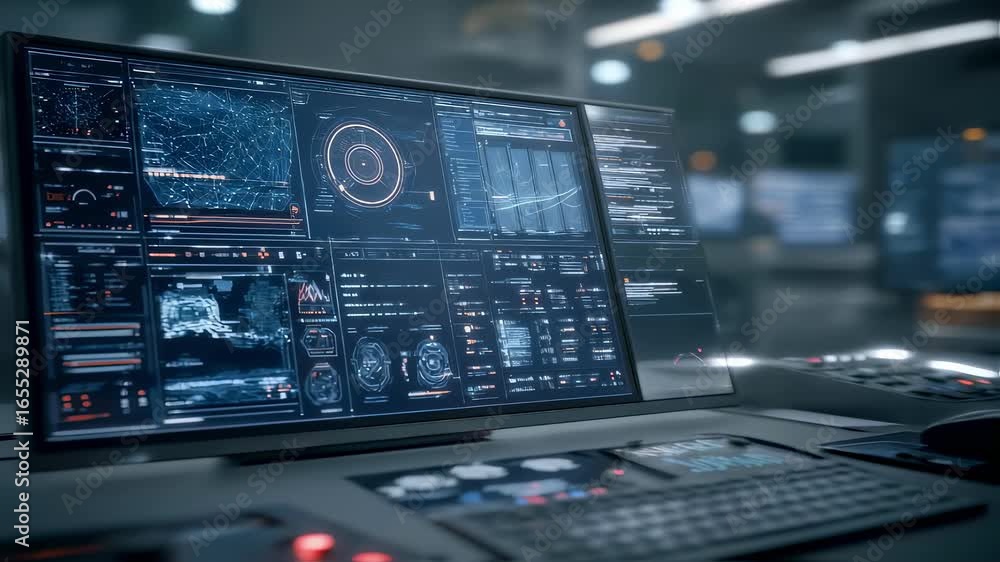 Aufkleber medium shot showing a futuristic workstation with a main screen displaying openstandard protocols fo
