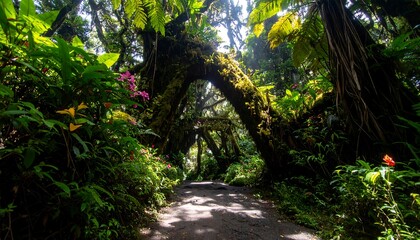 Lush, vibrant tropical forest path lined with colorful flora and ancient, mossy trees creates a serene, natural scene.