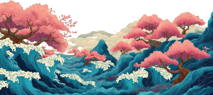 Pink blossom trees on a turbulent ocean landscape