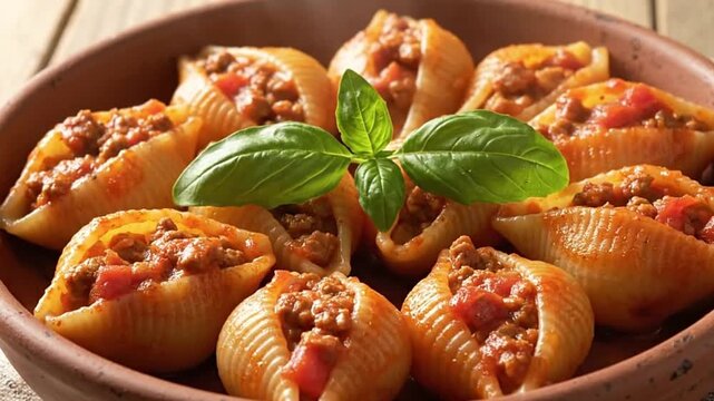 Pasta shells filled with meat sauce garnished with basil arranged on a brown plate