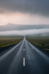 A long road stretches toward the horizon, disappearing into mist beneath a gray sky, evoking a sense of journey and solitude.