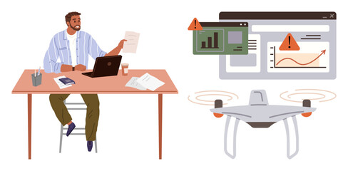 Man reviews reports at desk as drone and analytics screens show errors and warnings. Ideal for technology, data analysis, innovation, remote systems, problem-solving, automation, simple flat metaphor