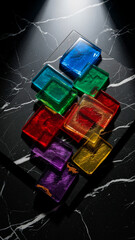 Colorful glass tiles arranged on black marble background