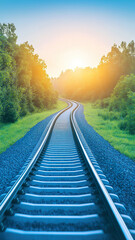 Fototapeta premium Winding Railroad Tracks through Green Forest at Sunset Perspective View