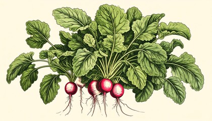 Illustration of radishes with foliage