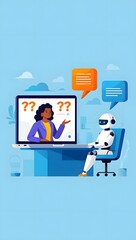 Conversation of a client with an AI assistant. Question to the chatbot. Flat design illustration. Chatbot and client, problem solving. Conversation of employees in the company.