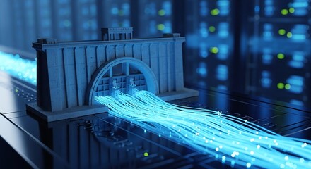 Dynamic conceptual visualization of high speed data flowing through glowing fiber optic networks