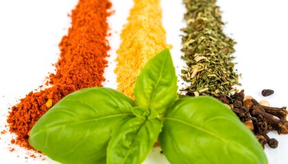 Colorful lines of various spices and herbs arranged on a white background, featuring fresh basil leaves.