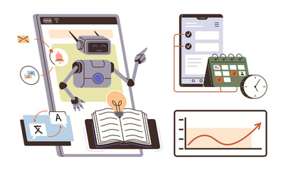 Fototapeta premium Robot managing tasks on mobile screen, calendar scheduling, language translation tools, open book, and analytics graph. Ideal for automation, AI innovation, productivity, language learning