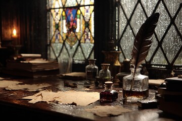 Dark Academic Study Room: Quills, Ink Bottles, and Mystery