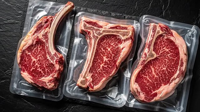 Three vacuumsealed steaks showcasing marbling aligned on a dark surface
