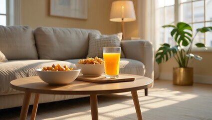 Cozy Living Room Scene With Refreshing Orange Juice and Snacks