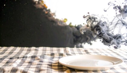 Obraz premium A grey ink splash beautifully captured on a white plate, set against a dark background with a checkered tablecloth.