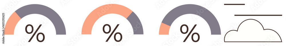 Poster three colorful semicircle progress gauges with percentages and a cloud outline representing data tra
