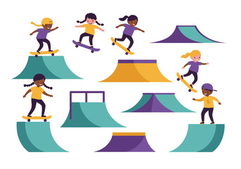 Diverse Kids Skateboarding on Ramps in a Colorful Skate Park Illustration.