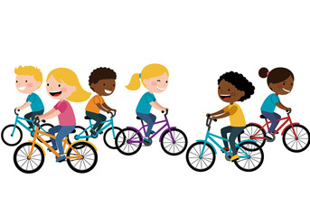 Naklejka premium Cartoon Children Riding Bicycles in a Row Colorful Bikes Diverse Group.